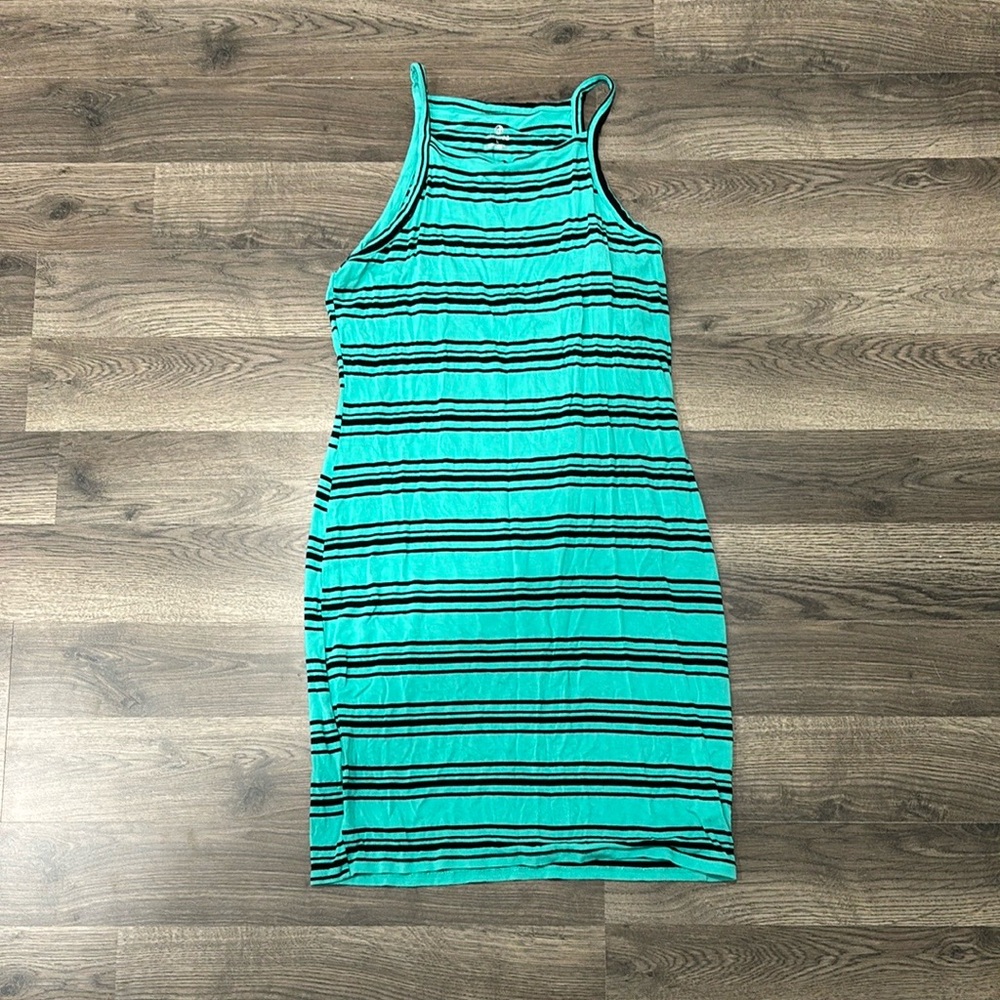 Striped Sleeveless Dress - Teal and Black